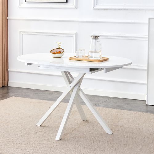 Table à manger ronde extensible bois blanc et pieds métal blanc Vaker 90 à 120 cm - Photo n°2; ?>