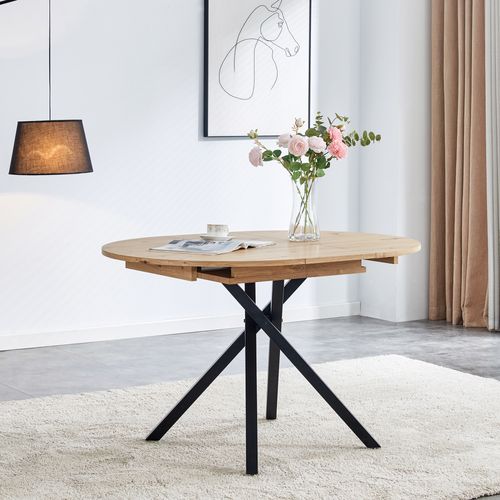 Table à manger ronde extensible bois clair et pieds métal noir Vaker 90 à 120 cm - Photo n°2; ?>