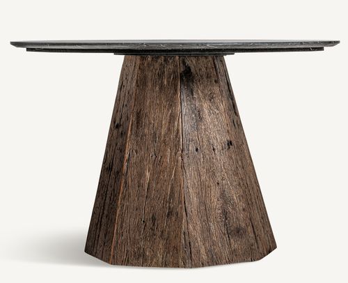 Table à manger ronde marbre de noir et pieds bois massif recyclé Wader 120 cm - Photo n°2; ?>