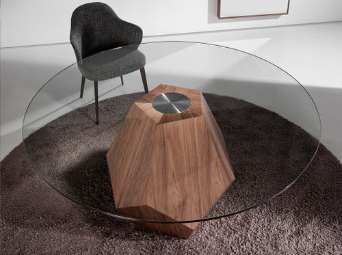 Table à manger ronde pied original bois couleur noyer et verre transparent Okta 150 cm - Photo n°3; ?>