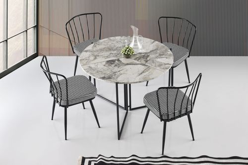 Table à manger ronde pliable bois effet marbre blanc et métal noir Sinola 100 cm - Photo n°2; ?>
