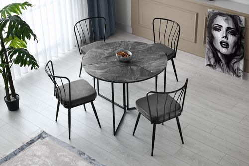 Table à manger ronde pliable bois effet marbre noir et métal noir Sinola 100 cm - Photo n°2; ?>