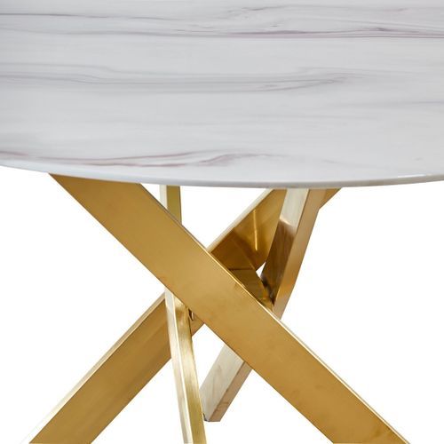 Table à manger verre effet marbre blanc et métal doré Xisor - Photo n°2; ?>