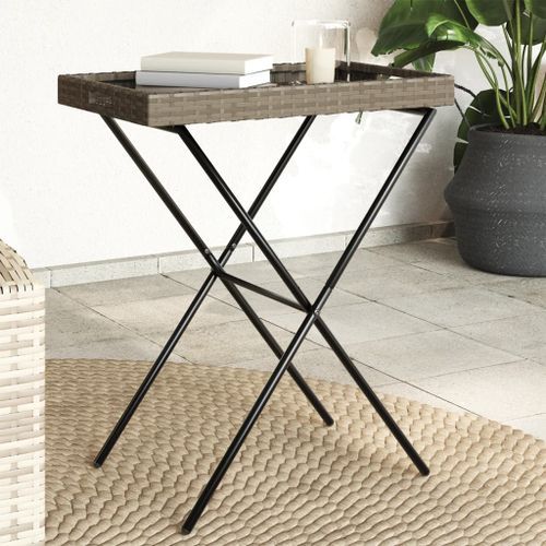 Table à plateau pliable gris 65x40x75 cm résine tressée - Photo n°2; ?>