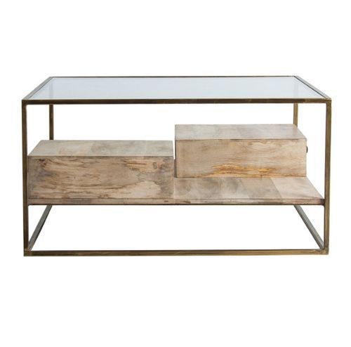 Table basse 1 tiroir pin massif clair et verre transparent Coben - Photo n°3; ?>