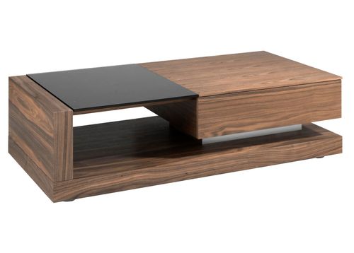 Table basse 1 tiroirs Lizay 130 cm - Noyer et verre trempé noir - Photo n°3; ?>