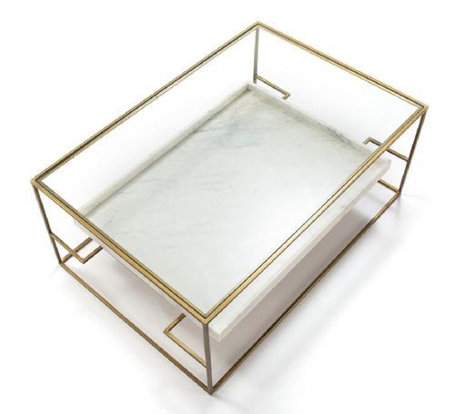 Table basse 2 plateaux verre et marbre blanc pieds métal doré 111 cm - Photo n°3; ?>