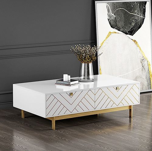 Table basse 2 tiroirs bois blanc et pieds métal doré Valdi 130 cm - Photo n°2; ?>