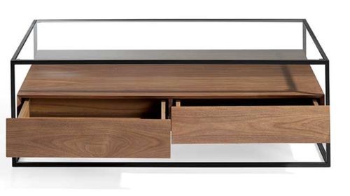 table basse 2 tiroirs bois de noyer et pieds métal noir Baliko 120 cm - Photo n°2; ?>