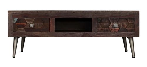 Table basse 2 tiroirs bois massif recyclé foncé et pieds métal gris Claireauta - Photo n°2; ?>