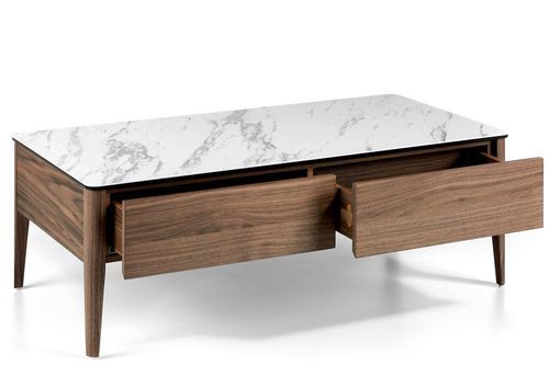 Table basse 2 tiroirs bois noyer et plateau en marbre céramique blanc Mykal - Photo n°2; ?>