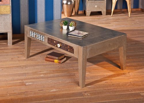 Table basse 2 tiroirs métal gris et bois clair Nala 110 cm - Photo n°2; ?>