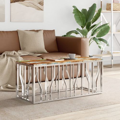 Table basse argenté acier inoxydable/bois massif récupération - Photo n°2; ?>