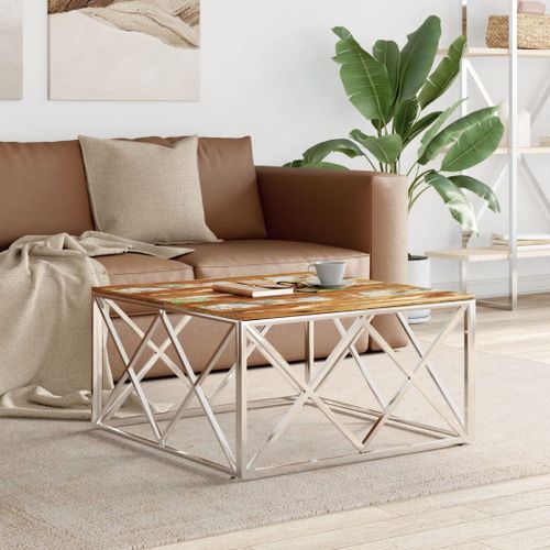 Table basse argenté acier inoxydable/bois massif récupération - Photo n°2; ?>