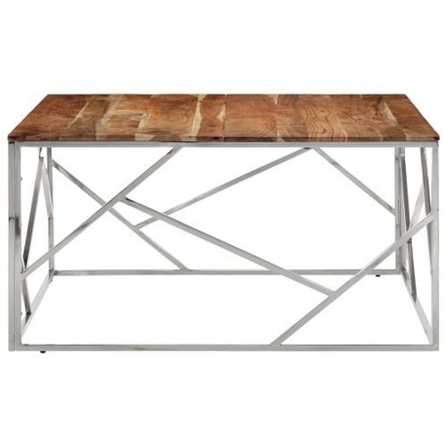 Table basse argenté acier inoxydable et bois massif d'acacia - Photo n°3; ?>