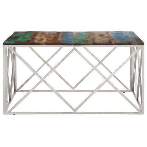 Table basse argenté inox et bois de récupération massif - Photo n°3; ?>