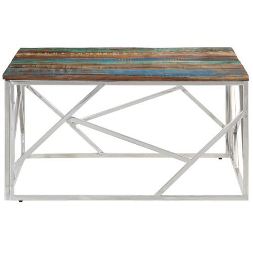 Table basse argenté inox et bois de récupération massif - Photo n°3; ?>