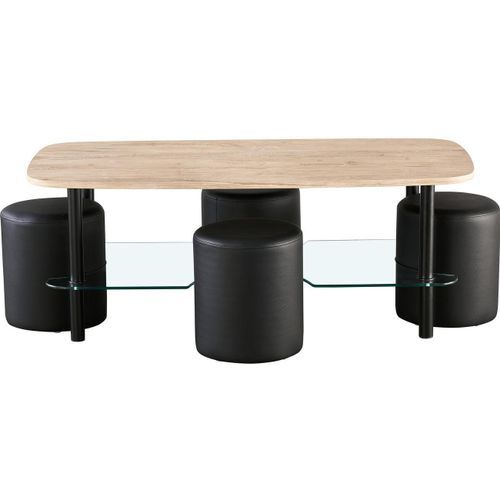 Table basse bois clair et 4 poufs simili cuir noir Malia - Photo n°2; ?>