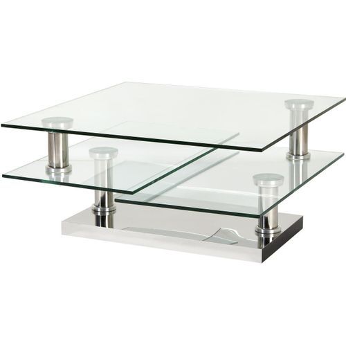 Table basse carrée acier chromé et plateaux pivotant verre trempé Vintaz 80 cm - Photo n°2; ?>