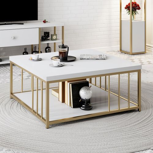 Table basse carrée bois blanc et métal doré Tonya 90 cm - Photo n°2; ?>