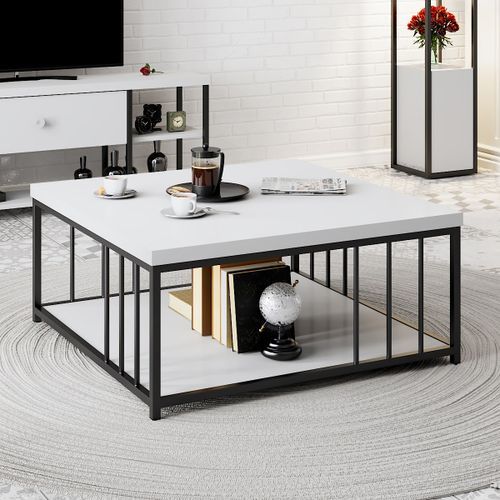 Table basse carrée bois blanc et métal noir Tonya 90 cm - Photo n°2; ?>