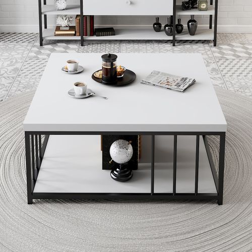 Table basse carrée bois blanc et métal noir Tonya 90 cm - Photo n°3; ?>