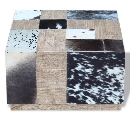 Table basse carrée bois et cuir de vache multicolore Pura - Photo n°2; ?>