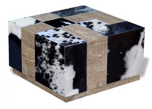 Table basse carrée bois et cuir de vache multicolore Pura - Photo n°3; ?>