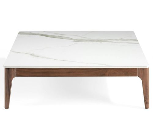 Table basse carrée bois noyer et plateau en marbre céramique blanc Mykal - Photo n°2; ?>