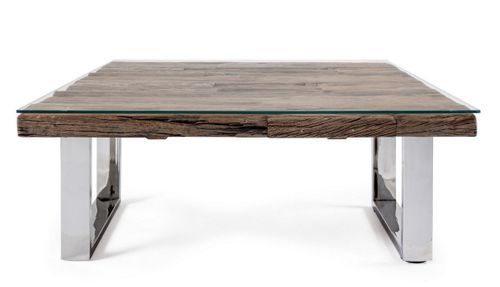 Table basse carrée plateau bois massif recyclé et verre trempé sur pieds acier chromé Stany 100 cm - Photo n°2; ?>