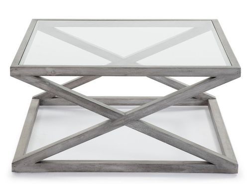 Table basse carrée verre et bois massif gris voilé 90 cm - Photo n°2; ?>