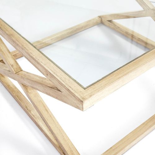 Table basse carrée verre transparent et bois clair voilé 90 cm - Photo n°3; ?>