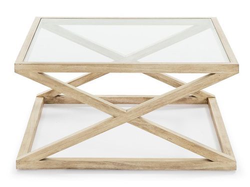 Table basse carrée verre transparent et bois clair voilé 90 cm - Photo n°2; ?>