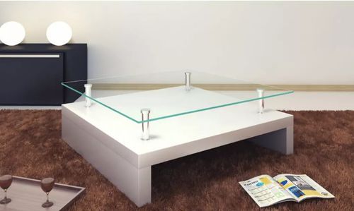 Table basse carrée verre trempé et bois blanc brillant Cubi 77 cm - Photo n°2; ?>