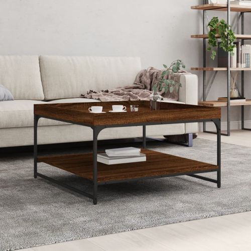 Table basse chêne marron 80x80x45 cm bois d'ingénierie et fer - Photo n°2; ?>