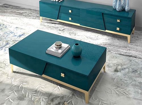 Table basse design 2 tiroirs bois bleu et pieds métal doré Azuro L 130 cm - Photo n°2; ?>