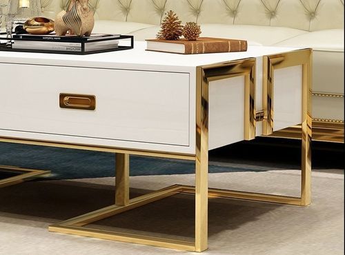 Table basse design laqué blanc et pieds acier effet or miroir Raluxe 130 cm - Photo n°3; ?>