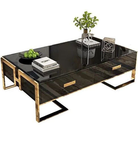 Table basse design laqué noir et pieds acier effet or miroir Raluxe 130 cm - Photo n°2; ?>