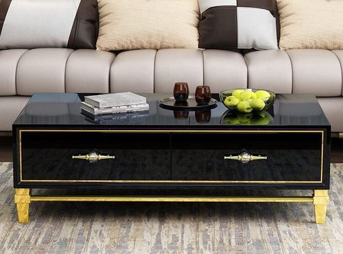 Table basse design teinté verre noir trempé et pieds métal doré Baro L 130 cm - Photo n°2; ?>