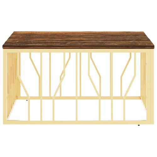 Table basse doré acier inoxydable et bois massif récupération - Photo n°3; ?>