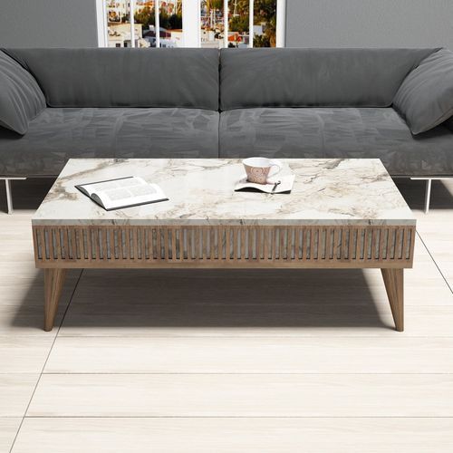 Table basse en bois noyer et blanc effet marbre avec rangement Roma 105 cm - Photo n°3; ?>