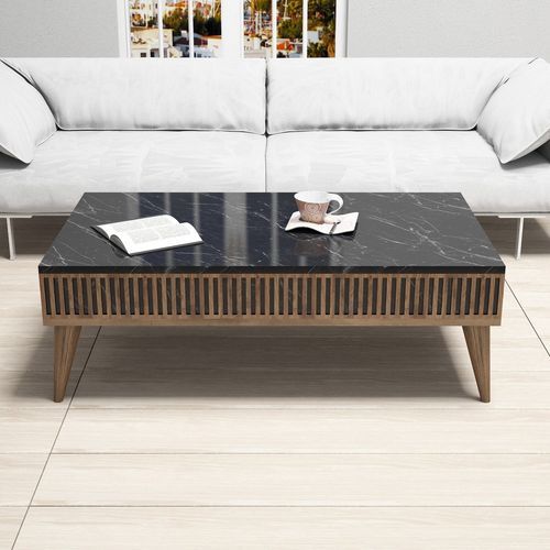 Table basse en bois noyer et noir effet marbre avec rangement Roma 105 cm - Photo n°3; ?>