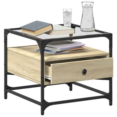 Table basse et dessus en verre chêne sonoma 50x50x45 cm acier - Photo n°3; ?>