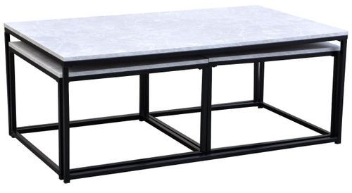 Table basse gigogne bois effet marbre et métal noir Doumy - Lot de 3 - Photo n°2; ?>