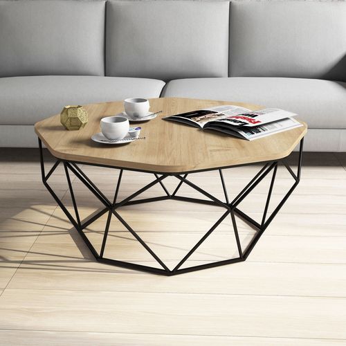 Table basse octogonale bois chêne clair et pieds acier noir Diva 90 cm - Photo n°2; ?>