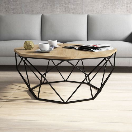 Table basse octogonale bois chêne clair et pieds acier noir Diva 90 cm - Photo n°3; ?>