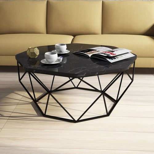 Table basse octogonale bois noir effet marbre et pieds acier noir Diva 90 cm - Photo n°2; ?>