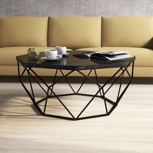 Table basse octogonale bois noir effet marbre et pieds acier noir Diva 90 cm - Photo n°3; ?>