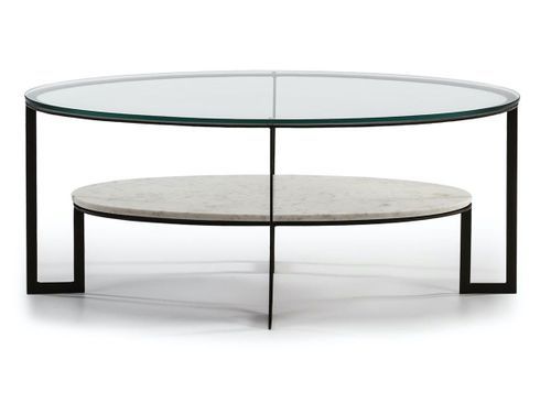 Table basse ovale 2 plateaux verre transparent et marbre blanc Kenza - Photo n°2; ?>