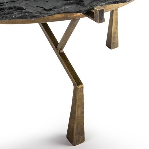 Table basse pierre noire et pieds métal doré vieilli D 95 cm - Photo n°3; ?>